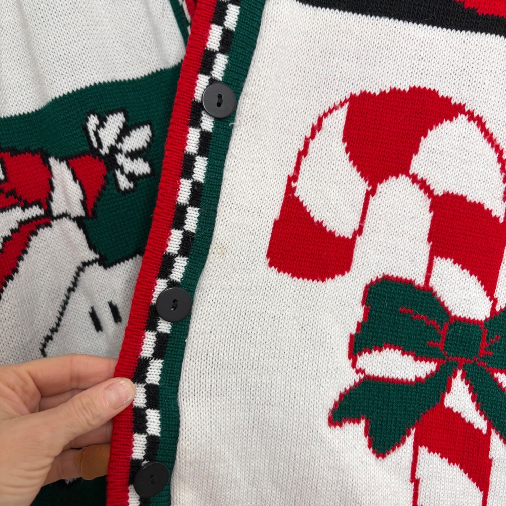 Peanuts Snoopy Christmas Cardigan Sweater Colorblock Checkered Trim V-Neck - Picture 6 of 10